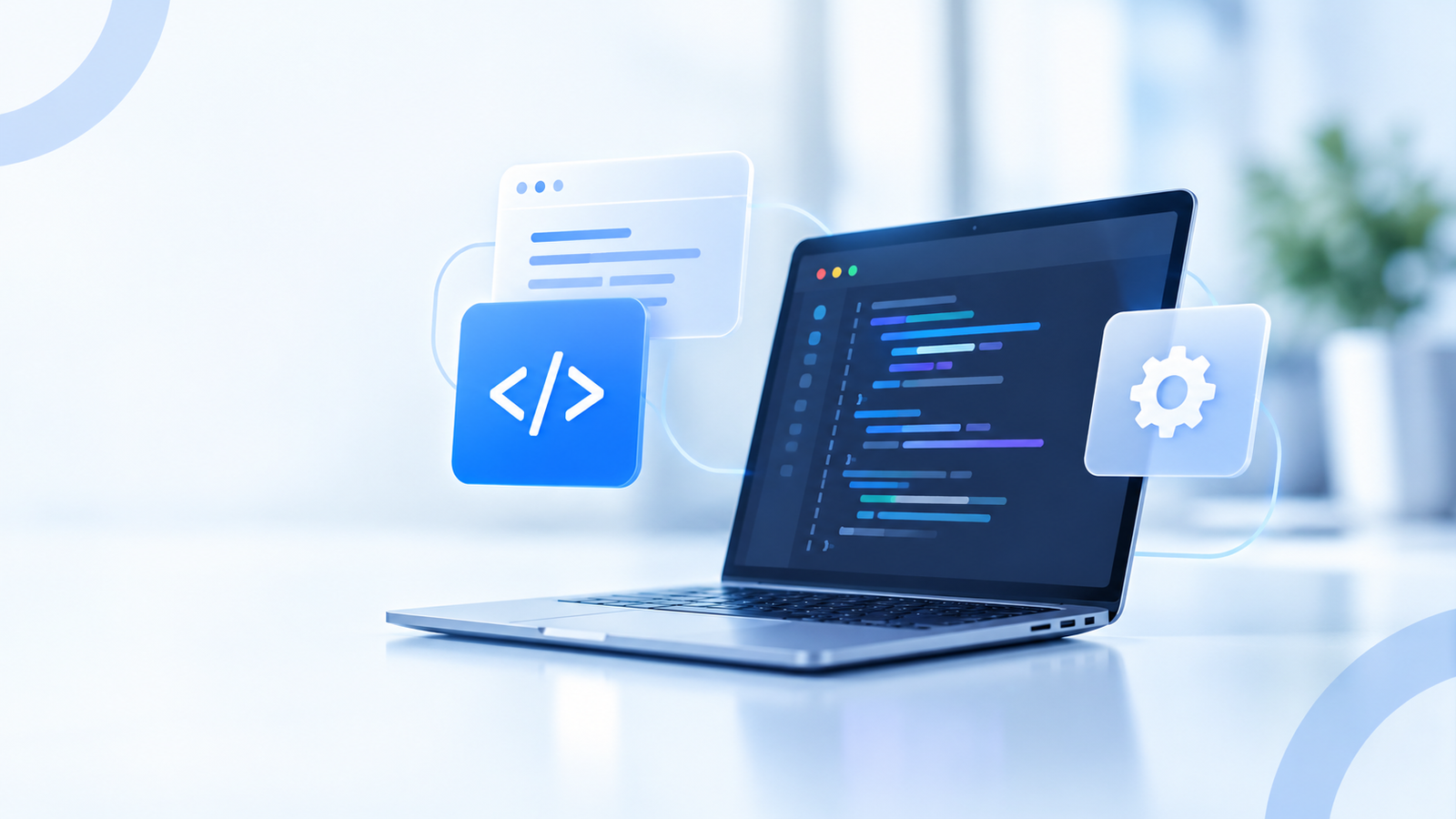 Laptop con código y paneles de desarrollo